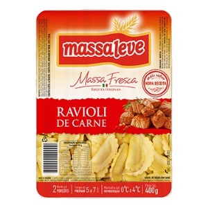 Massa fresca Ravioli recheado com carne Massa Leve 400g. Massa fresca Ravioli recheado com carne Massa Leve 400g.
